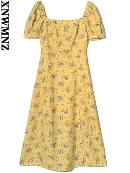 XNWMNZ лятно Дамско модно френското рокля миди с флорални принтом и цепка, винтажное рокля с квадратна деколте и къс ръкав, дамски рокли, robe femme