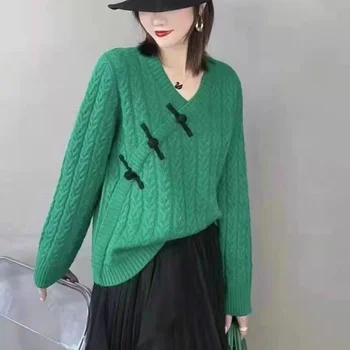 Луксозна плетена вълнена жилетка, пуловер, супер красива вязаный топ копчета за жени, популярен френски пуловер 2022, монофонични жилетка с дълъг ръкав