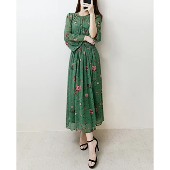 Ново Есен Шифоновое Зелена рокля миди с Изгорени ръкави и Цветисти Принтом, Размер-UK 6-UK 18 Plus