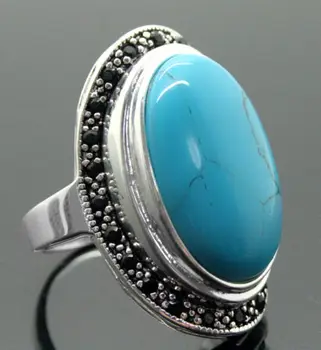 Стерлинговое Сребро 925 проба 17x30 мм Синя Тюркоаз с Овална форма Скъпоценни Камъни Марказит Размер на пръстен: 8-11