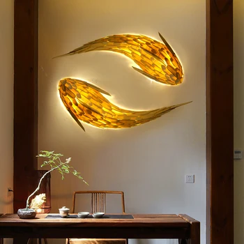 Креативен Дървен Стенен лампа В Китайски Стил, Декоративна Лампа Ръчна изработка, Хотел, Вила, Художествена Стена, монтиран на стената Лампа във формата на Риба, Ресторант