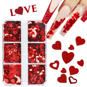 6 Мрежи Ярко Розово Сърце на Любовта Дизайн Ноктите Пайети Пеперуда на Цвете Смесени Люспи Романтика 