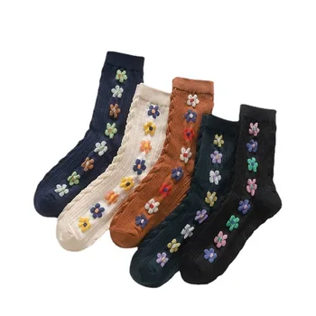 Чорапи за момичета, Цветни Чорапи-тръба с Цветя, корейската Версия на Литературата и изкуството, ретро, Есенни Чорапи за момичета от 7 до 12 години, 12 + години, Чорапи с цветен модел за Момичета