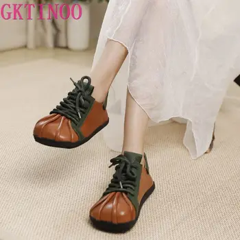 GKTINOO/есен 2022 г., Нова Дамски обувки на плоска подметка от естествена кожа в различни цветове, ежедневни дамски обувки ръчна изработка дантела с кръгло бомбе