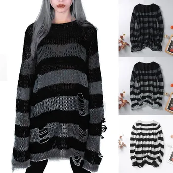 Хелоуин 2022 Готически Вязаный Дамски Пуловер С Дълги Шарени Пуловери Свободни Зимни Скъсани Пуловери Един Размер Скок Mujer Джърси#
