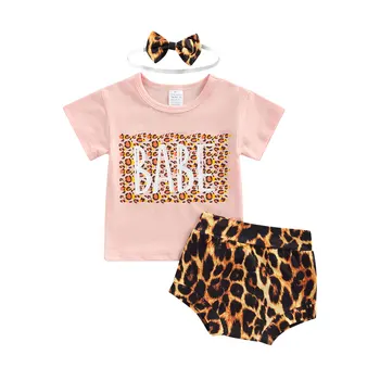 2022-05-23 Lioraitiin/Комплект дрехи за малките момичета, Ризи с къси ръкави и писмото принтом, Панталони с леопардовым принтом, Превръзка на главата с лък