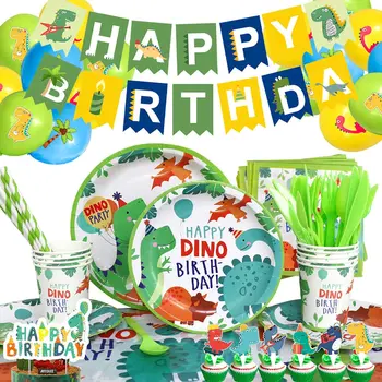 Динозавър, Рожден Ден Динозавър Прибори за Момчета, Включително Банер на рождения Ден на Чинии, Чаши, Салфетки Покривка Динозавър Вечерни Декор