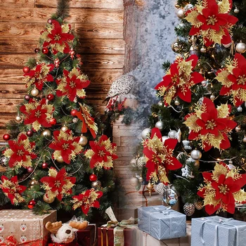 14 см, Блестящи Изкуствени Коледни Цветя за Украса на Коледна Елха Весела Коледна Украса за Дома нова година Декор Навидад Подаръци