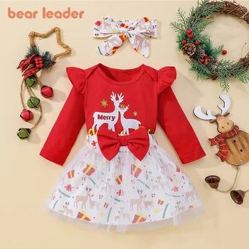 Bear Leader/Детски дрехи в европейския и американския стил за малки момичета, Зимно Коледа сетчатое Рокля с принтом Лосове и Лък, Костюм от три части, комплект
