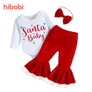 Hibobi 3 броя, Комплект Дрехи за Новородени Момичета, Детски Коледен Гащеризон и Гащи с Превръзка на Главата за 0-12 Месеца, Детски Гащеризон