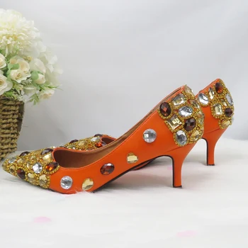 BaoYaFang/Оранжеви Луксозни дамски сватбени обувки с кристали; обувки-лодка на висок ток 6 см/8 см/10 см, с остри пръсти; модни дамски обувки; вечерни обувки на плитки