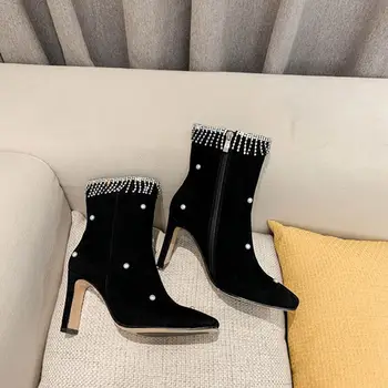 2020 г., Новата модерна Луксозна Дамски Дизайнерски обувки от естествена кожа, дантела, Високи (1 см-3 см), Зимни дамски обувки