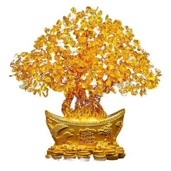 Щастливо Пари Дърво Китайски Кюлчета Злато Crystal Дърво Късмет Украшение Богатство На Орнамента Домашен Офис Украса На Масата Настолни Занаяти