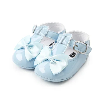 Светло синята обувки за новородени от изкуствена кожа, обувки за първите проходилки за момичета, мека подметка, обувки за бебета, скъпа обувки Bebe с лък.CX43C