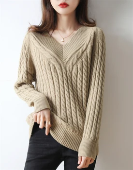Вълнен пуловер, дамски пуловер с V-образно деколте, монофонични вязаный пуловер с висока воротом, свободен пуловер с голям размер, един женски