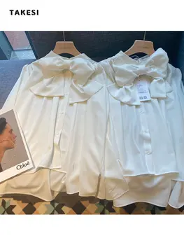 2022 Есенните Модни Елегантни Бели Ризи С Лък, Дамски Дизайнерски Блузи с Дълги Ръкави, Ежедневни Празнична Блуза, Однотонная Удобна Туника С Лък, Върхове