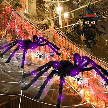 Хелоуин Гигантски Паяк Черен Симулация на Супер Големи Светещи Паяк LED Светлина Виолетово, Подпори Страшен Терор Домашно Парти Открит Декор