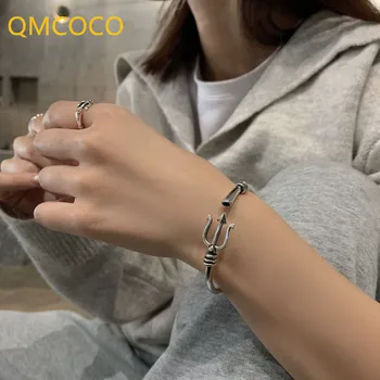QMCOCO Сребърен Цвят, Ретро Гривна Корейската Мода Самоличността на Харпун Геометричен Открит Регулируема Женски Гривна Вечерни Подаръци
